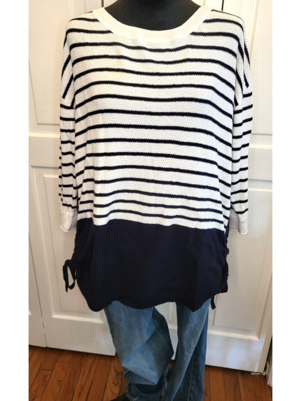 Talbots Navy White Striped Sweater Side Ruching L Preppy Nautical Classic School